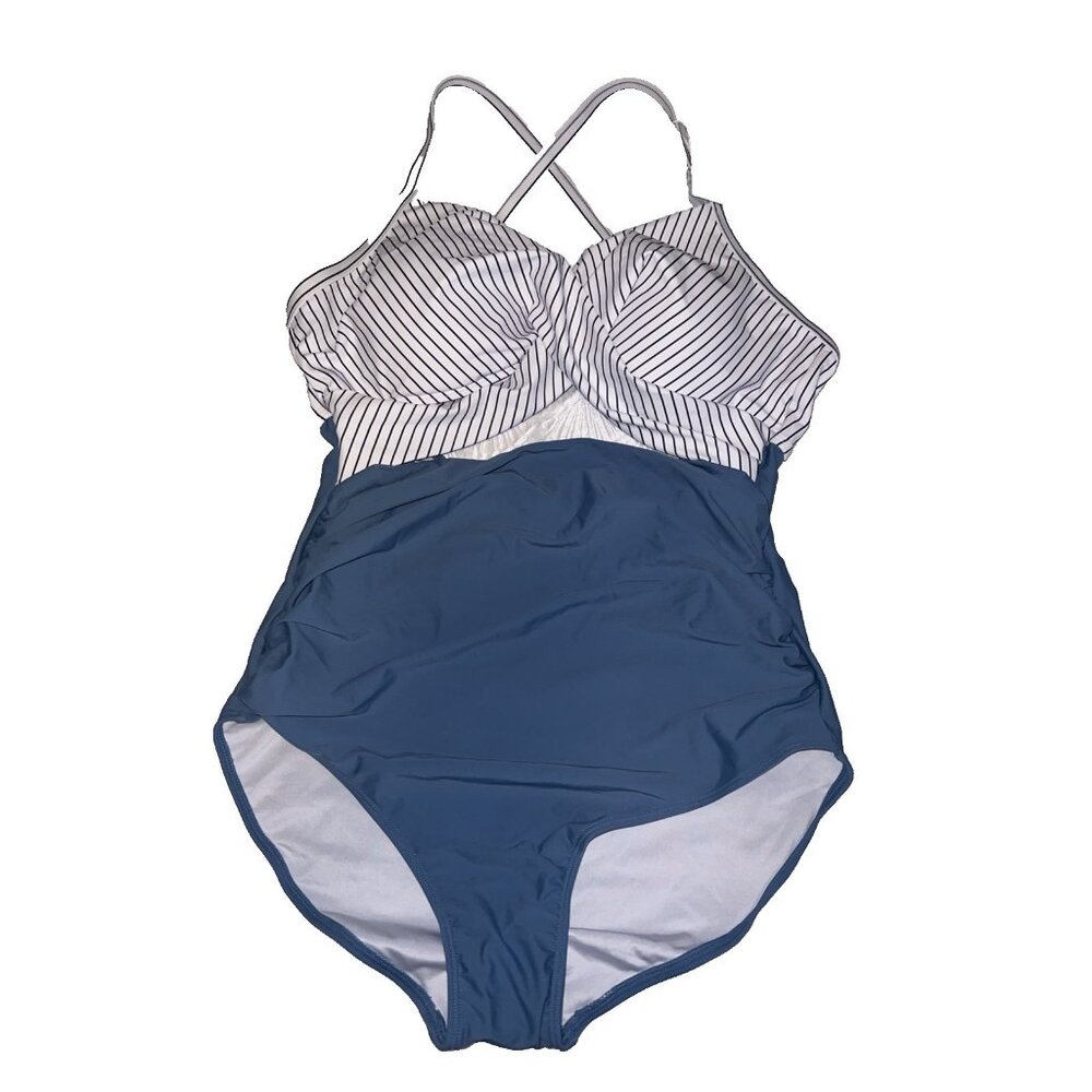 Striped Bust Navy One-Piece Swimsuit with Crossback Straps